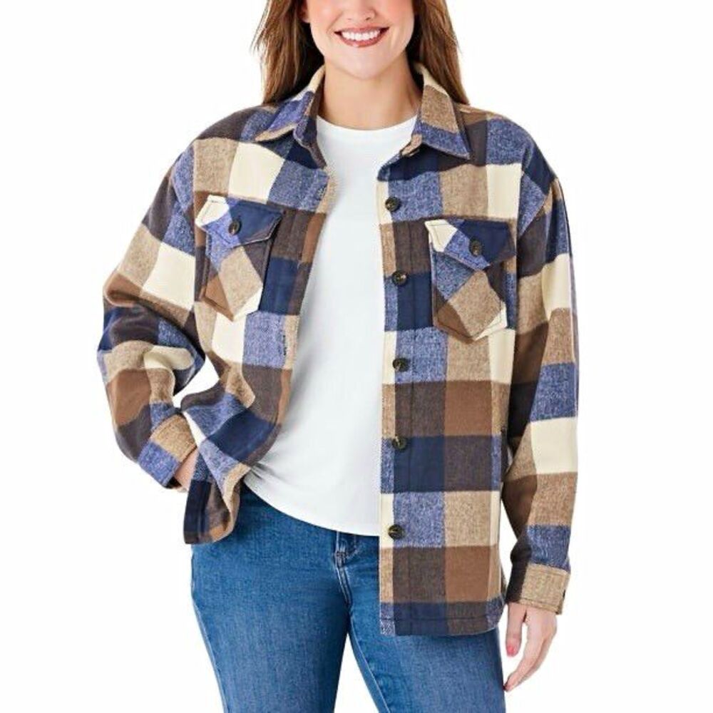 NWT Member's Mark Women's Plaid Relaxed Fit Shacket Blue/Brown - Size Small
